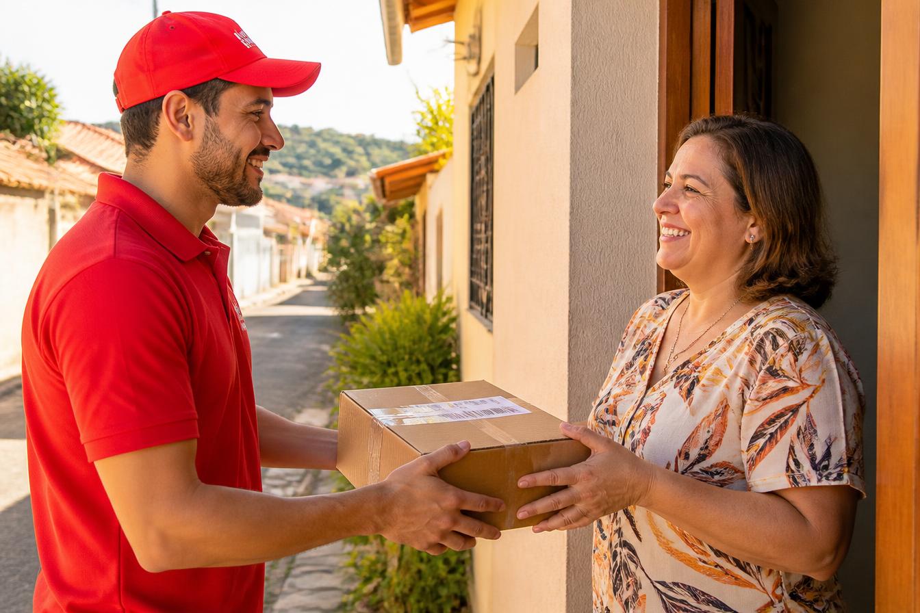 Entregador uniformizado entregando uma caixa a uma cliente sorridente em uma residência no Rio Grande do Norte